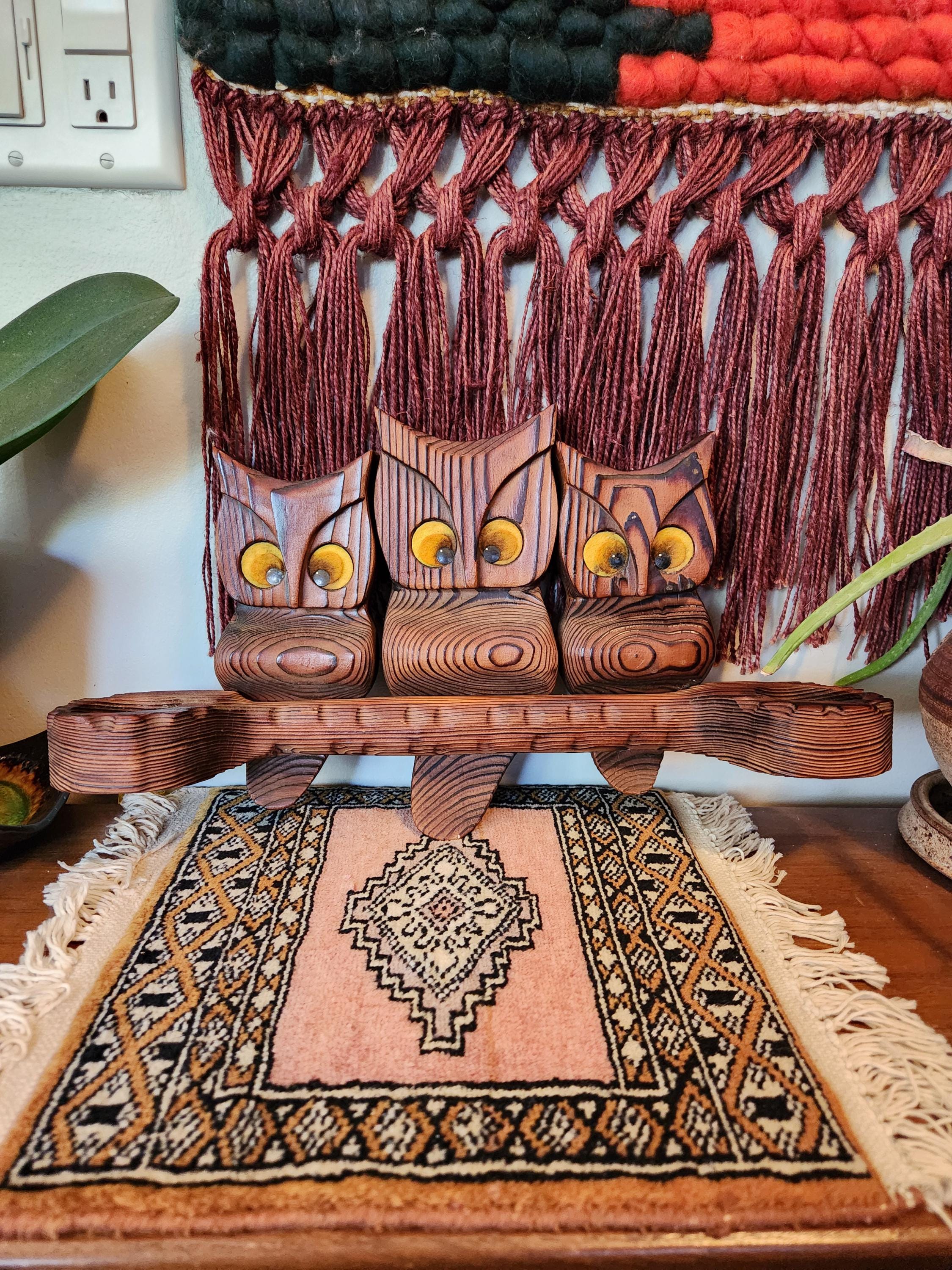 Vintage Wooden Owl Wall Hanging with Candle Holders