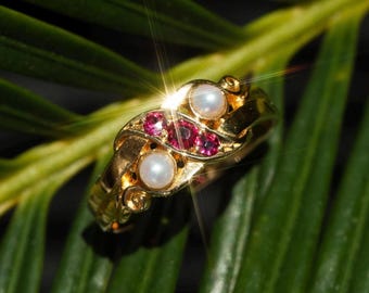 Antieke Edwardiaanse ring met robijn en zaadparel uit 1901 | 18k gouden gemarkeerde sieraden – Lucilla