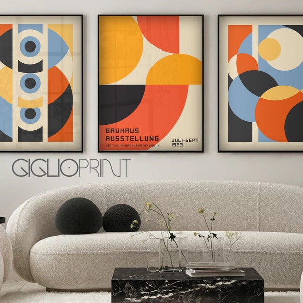 Set of 3 Piece Wall Art BAUHAUS Exhibition Poster ORANGE Bauhaus Print Bauhaus Design Bauhaus Poster Framed mid century modern wall art