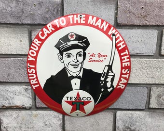 Texaco Enamel Sign: Garage, Scooter, Bar, Man Cave Decor