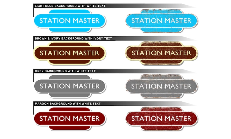 K&ouml;nnte beinhalten: Vier Schilder im Vintage-Stil mit dem Text "STATION MASTER" in wei&szlig;en Buchstaben. Die Schilder haben verschiedene Hintergrundfarben: hellblau, braun und elfenbein, grau und rotbraun.