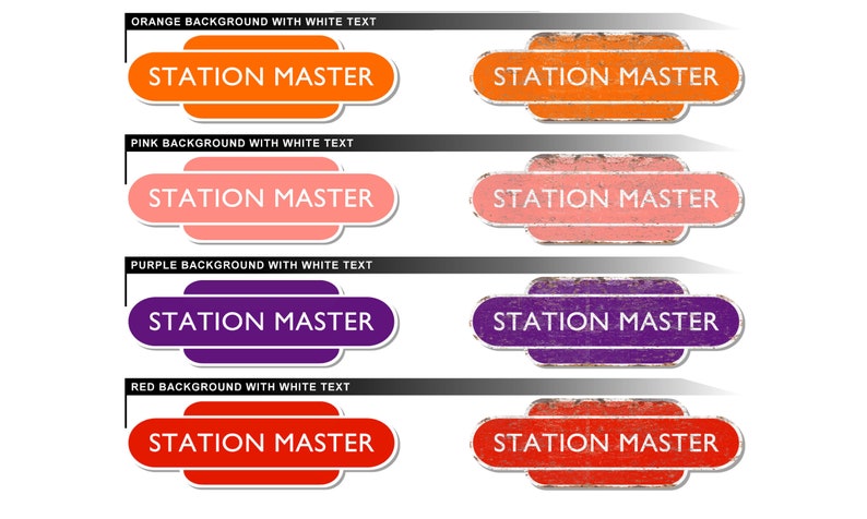 K&ouml;nnte beinhalten: Vier Schilder im Vintage-Stil mit dem Text "STATION MASTER" in wei&szlig;en Buchstaben. Jedes Schild hat eine andere Hintergrundfarbe: orange, rosa, lila und rot.