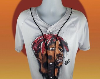 Mens Unbranded Tupac Shakur  2Pac White Snap Shirt XL 100%Polyester Painted Look