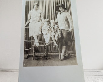 2 Women and Children Real Photo Postcard RPPC Brown White Hats AZO 1900s Style