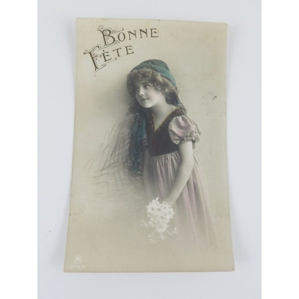 Vintage Beautiful French Girl Says "Best Wishes" "Bonne Fete" Postcard RPPC 1910