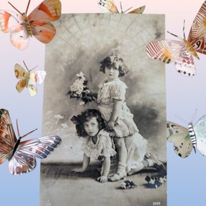 Vintage "Sissy's My Pony" Postcard 2 Sweet Girls w/Flowers Playing 1912 French