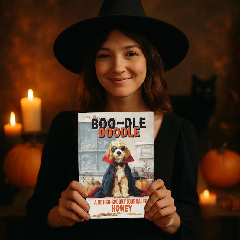 May include: A person holding a journal titled "Boo-dle Doodle" with a cartoon dog in sunglasses and a cape. The journal cover reads "A Not-So-Spooky Journal For Honey". The background includes candles, pumpkins, and a black cat.