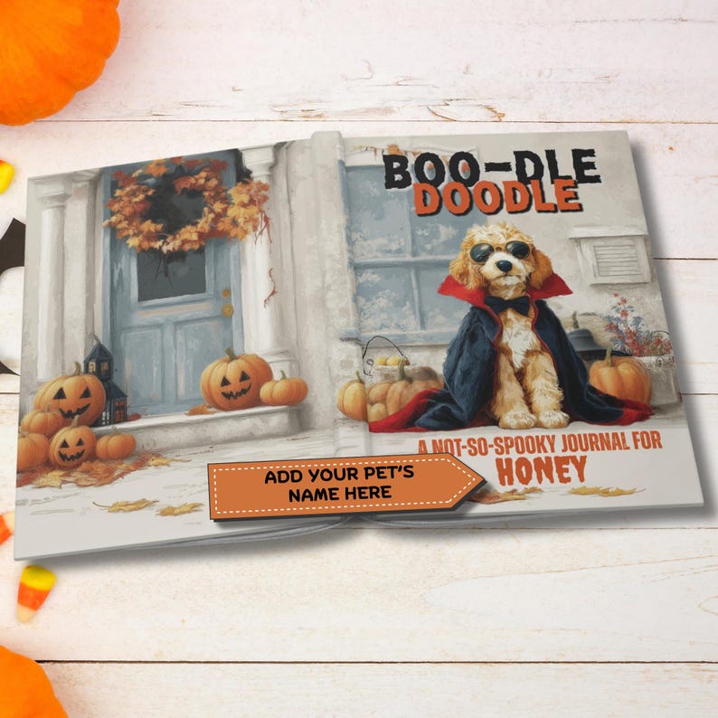 May include: Open journal with a Halloween theme. The cover features a dog dressed as a vampire with the words "BOO-DLE DOODLE". The journal includes pumpkins and the text "A NOT-SO-SPOOKY JOURNAL FOR HONEY".