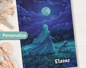 May include: A notebook with a fantasy illustration. The cover features a figure in a flowing blue gown walking a skeletal dog under a full moon. The name "Elaine" is printed in white script. The word "Personalize" is on the left side.