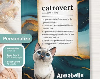 Personlig Catrovert-dagbok, present till kattälskare, välj din kattras och anpassad anteckningsbokdesign