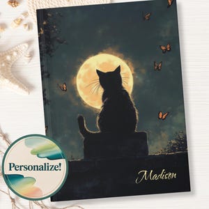 Personalized Black Cat and Moon Journal, Spooky Notebook, Halloween Journal, Gothic Diary, Mystical Planner, Cat Lover, and Cat Mom Gift