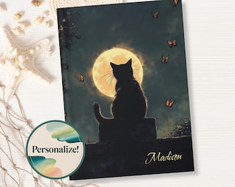 Personalized Black Cat Moon Journal, Spooky Gothic Planner