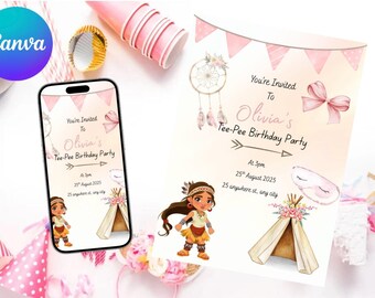 May include: A birthday party invitation with the text "Olivia's Tee-Pee Birthday Party" on a smartphone and a printed card. The design includes a teepee, dream catcher, and a cartoon Native American girl. Pink and white accents.