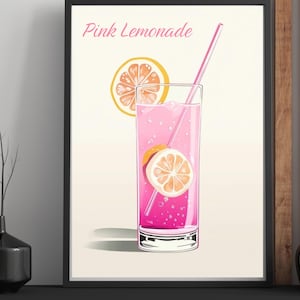 May include: A printable poster with a pink lemonade drink in a tall glass with a straw and lemon slices. The text "Pink Lemonade" is at the top of the poster.