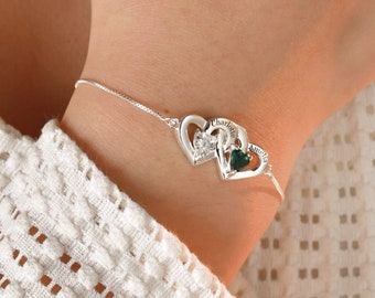 Personalized 2 Heart Name Bracelet with 2 Birthstone, Heart Name Birthstone Bracelet,Mother&#39;s Day gift, Gifts for Her, Women&#39;s bracelet