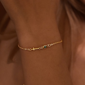 Cross Bracelet with Birthstone, Tiny Cross Bracelet, Confirmation Gift, Dainty Gold Cross Bracelet, Baptism Gift, Christmas Gift For Her