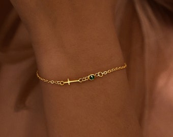 Cross Bracelet with Birthstone, Tiny Cross Bracelet, Confirmation Gift, Dainty Gold Cross Bracelet, Baptism Gift, Christmas Gift For Her