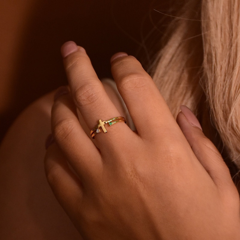 Sterling Silver Cross Religious Minimalist Ring,Personalized Birthstone Ring,Custom Birthstone Ring,Couple Ring,Mothers Ring,Gift for Her