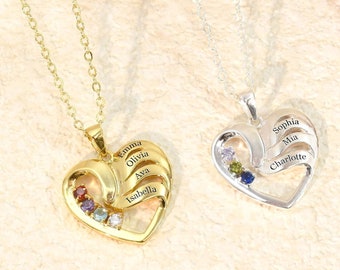 Personalized Family Heart Pendant Necklace 1 - 5 Birthstones Names Custom Engraved Jewelry Mom Christmas Gift Mother Necklace Grandmother