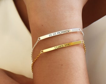 Pulsera de barra personalizada: plata de ley grabada, fecha y coordenadas personalizadas