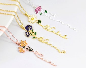 Personalisierte Geburtsblumen-Halskette, Geburtsblumen-Halskette, kundenspezifische Namenskette, personalisierter Schmuck, Brautjungfern-Geschenke, Geschenke für Frauen