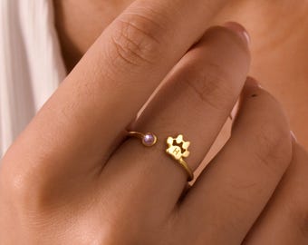 Custom Engraved Paw Birthstone Ring, Initial and Birthstone Ring, Gift for Pet Lovers, Christmas Gift for Mom, Pet Remembrance, Gift for Her