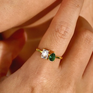 Mini Toi et Moi Birthstone Ring • Custom Baguette & Pear Cut Promise Ring • Couples Jewelry • Gift for Her •Emerald/Pear Cut Birthstone Ring