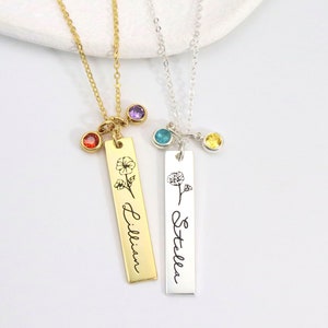 Birthstone Flower Necklace, Personalized Name Necklace with Birthstone, Birthday Gift, Gift for Mom, Personalized Jewelry, Christmas Gift