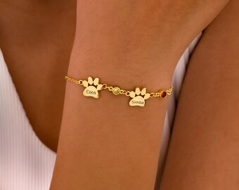 Pulseira com Pedra de Nascimento e Impressão da Pata do Seu Animal de Estimação, Joia Memorial para Animais de Estimação, Pulseira Personalizada com Nome do Seu Animal, Joia Animal, Presente para Amantes de Animais, Presente para Mães que Amam Animais de Estimação, Presente de Natal