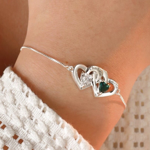 Bracelet personnalisé 2 coeurs avec 2 pierres de naissance, bracelet coeur avec nom de pierres de naissance, cadeau fête des mères, cadeaux pour elle, bracelet femme