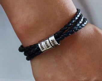 Personalized Men Black Braid Names Bracelet, Custom Family Names Charm Beads Bracelet, Inspirational Jewelry Gift for Dad from Daughter Son
