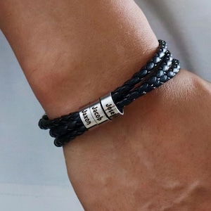 Pulsera personalizada con nombres de trenzas negras para hombres, pulsera personalizada con cuentas de abalorios con nombres de familia, regalo de joyería inspirador para papá de hija e hijo
