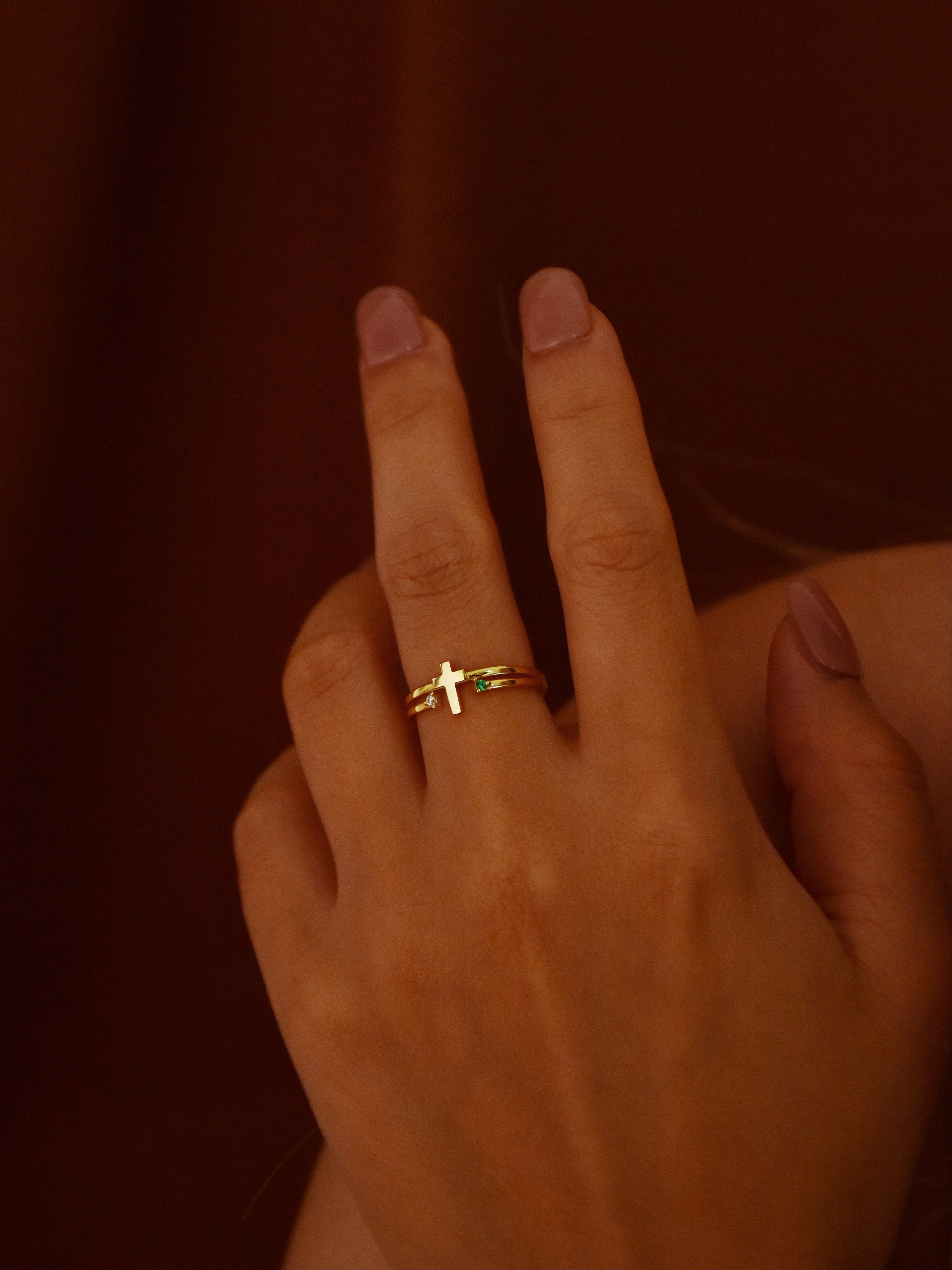 Sterling Silver Cross Religious Minimalist Ring,Personalized Birthstone Ring,Custom Birthstone Ring,Couple Ring,Mothers Ring,Gift for Her