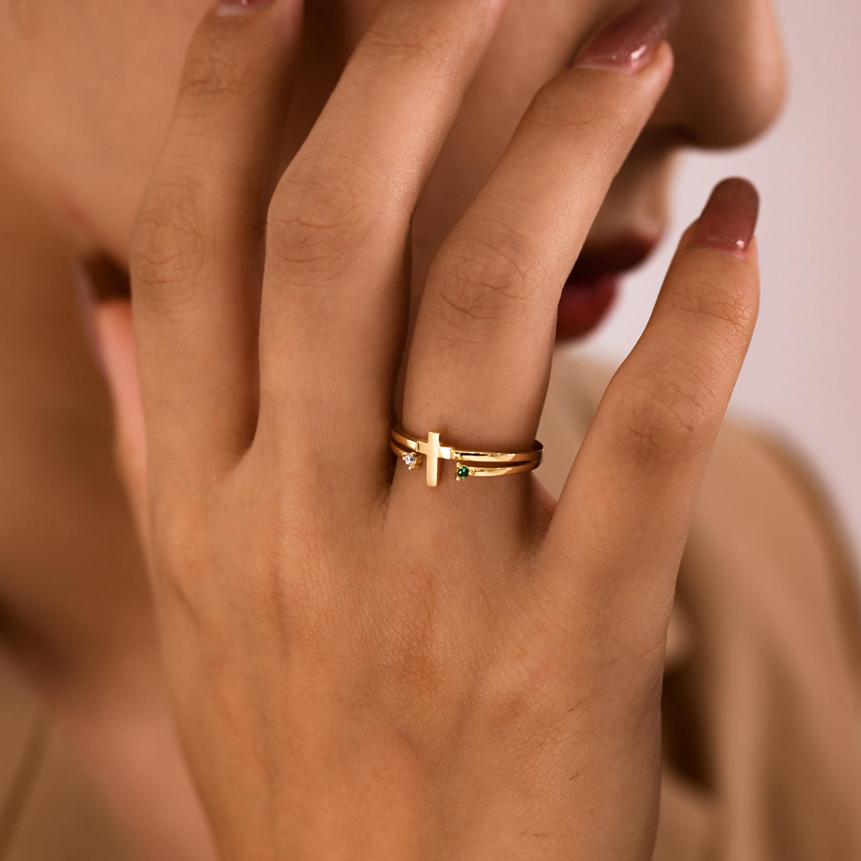 Sterling Silver Cross Ring, Christian Jewelry Promise, Custom Gemstone…