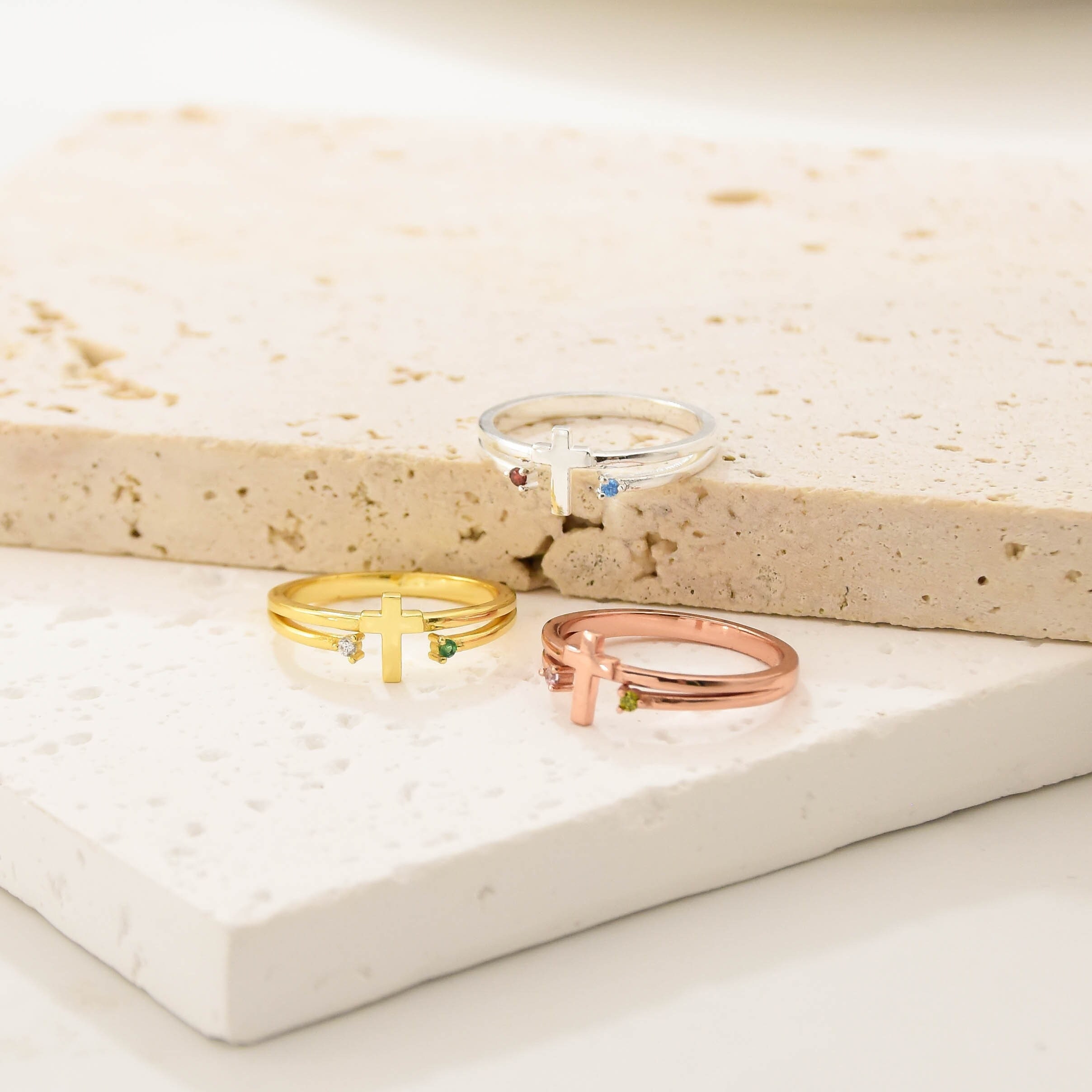 Sterling Silver Cross Religious Minimalist Ring,Personalized Birthstone Ring,Custom Birthstone Ring,Couple Ring,Mothers Ring,Gift for Her