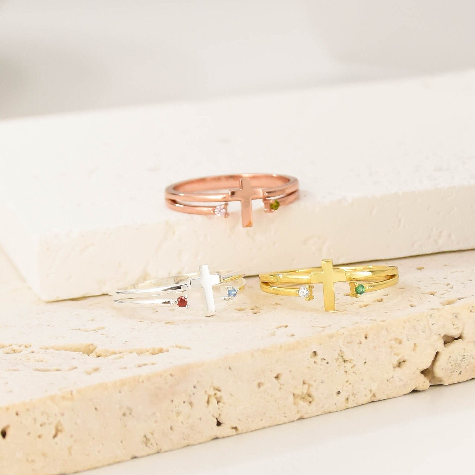 Sterling Silver Cross Religious Minimalist Ring,Personalized Birthstone Ring,Custom Birthstone Ring,Couple Ring,Mothers Ring,Gift for Her