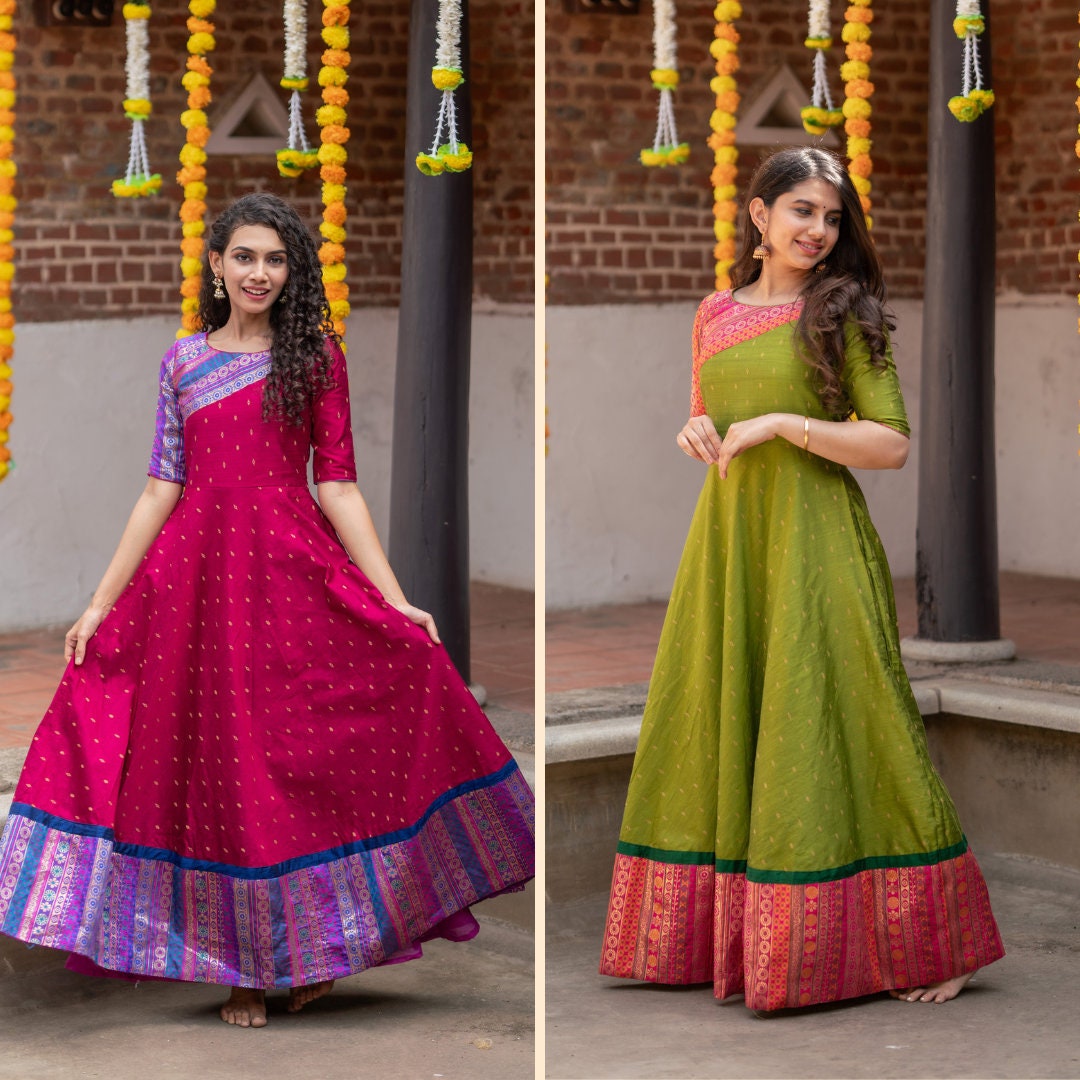 Handloom gowns @₹1950❤️ Pongal launches💫 Shop at  www.trendytraditionaloutfits.com SEARCH CODE : SUNGUDI - CHOCOLATE WITH  MAROONISH… | Instagram