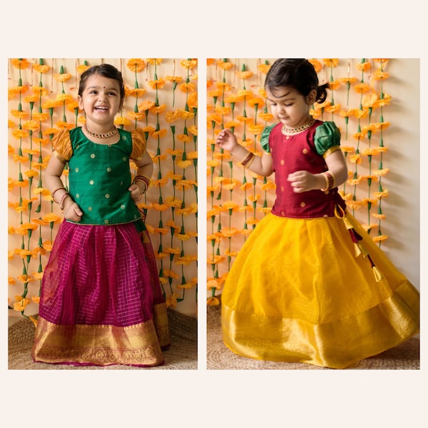 Traditional Indian ethnic colorful kids wear Lehenga choli frock Festive Outfit with zari border and puff sleeve dress gift for Girl kids