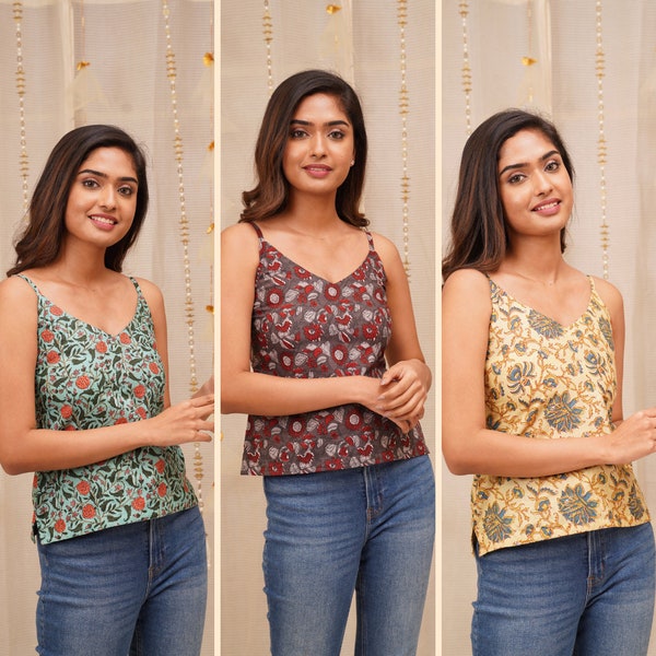 Short Tunic Tops for Women/ Girls | Stylish and Comfy Sleeveless Spaghetti Strap Loose Fit Pure Jaipuri Printed Cotton Casual Tops