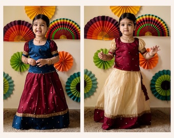 Traditional Indian ethnic kids wear Lehenga choli frock Embroidery Silk Pattu pavadai set summer dress for Girl kids dress top skirt set