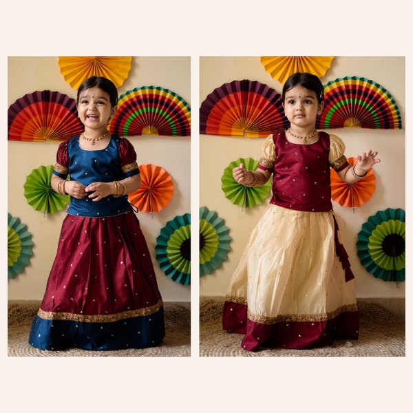 Traditional Indian ethnic kids wear Lehenga choli frock Embroidery Silk Pattu pavadai set summer dress for Girl kids dress top skirt set