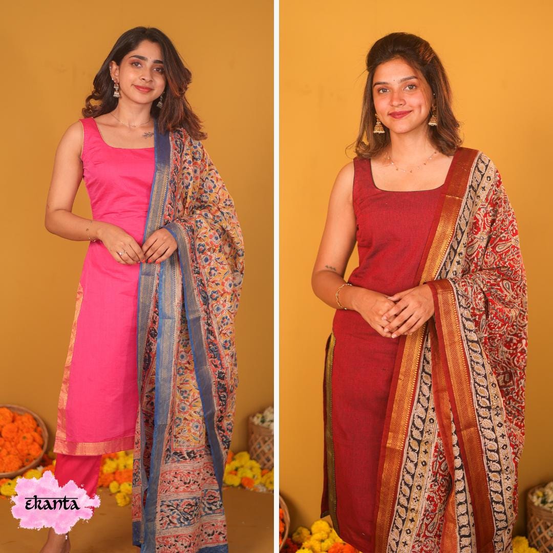Mangalgiri Yarn Dyed Yellow Cotton Kurta with Dupatta And Pants