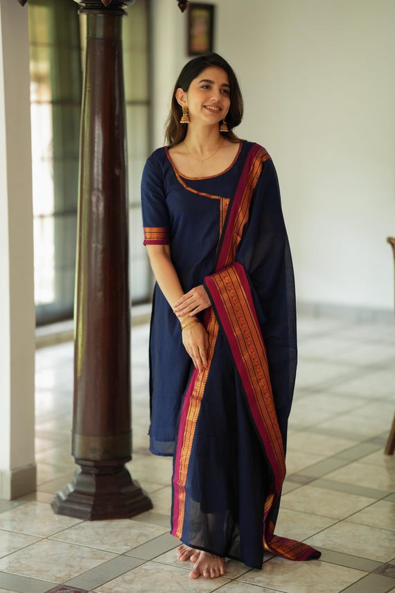 Navy Blue Narayanpet Kurti Set | Handloom Cotton Kurta Pants Dupatta | Temple Wear Indian Ethnic Set | Custom Festive Kurti