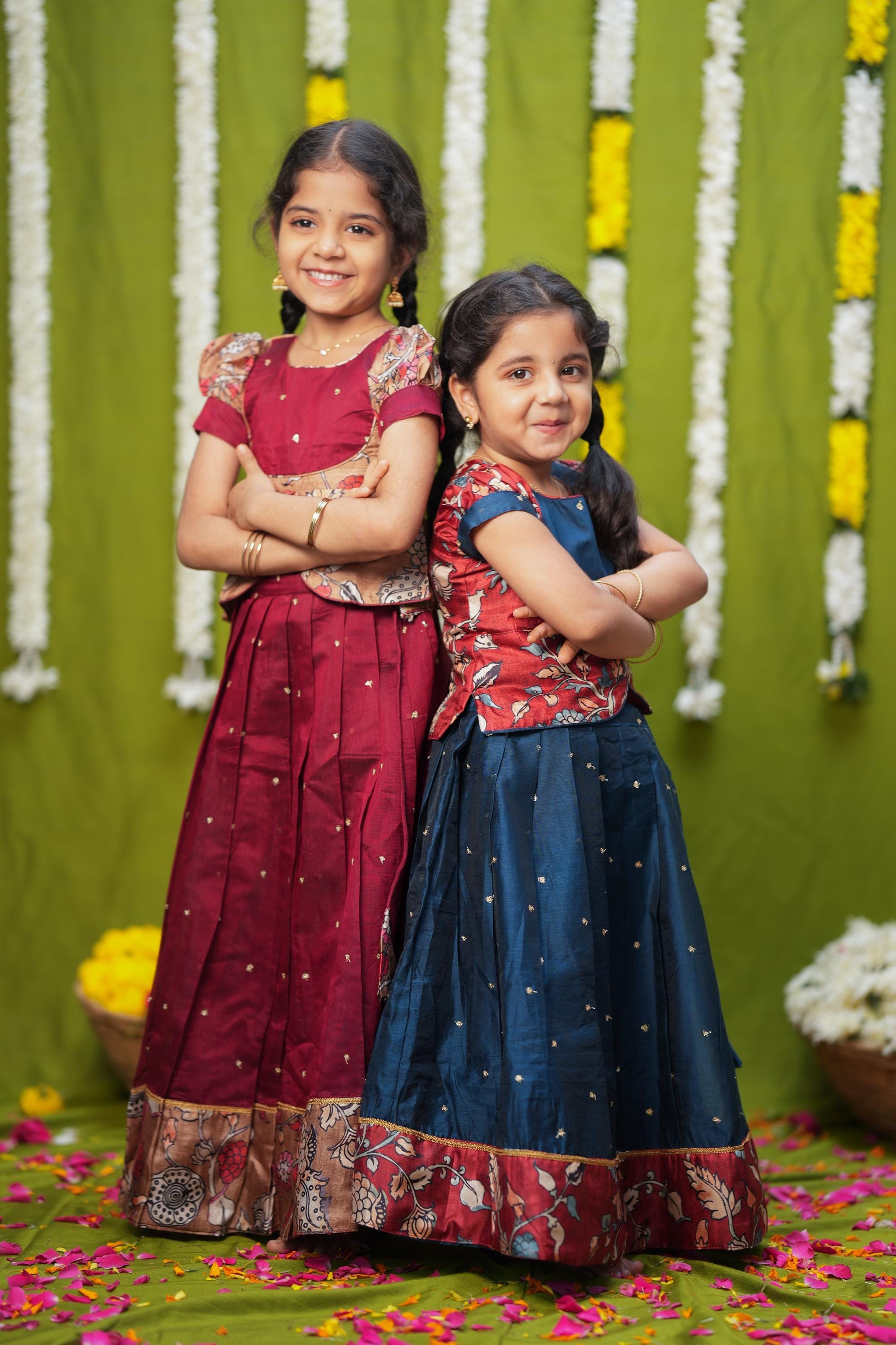 Kids Peplum Lehenga Kalamkari Overlay Top & Skirt Set Gold Buti Chanderi Indian Festive Outfit Maroon and Teal Gifts for her