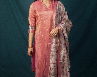 Rose Pink Chanderi Kurta Set with Kalamkari Dupatta | Indian Kurti for Women | Festive Ethnic Wear | Lightweight Daily Pooja Outfit