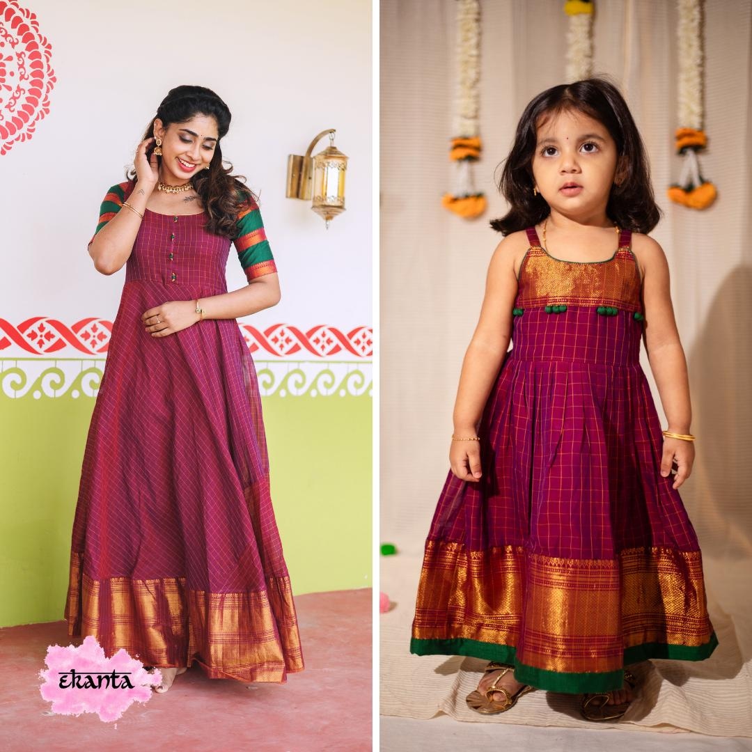 Matching Magenta Pattu Pavadai Dress Set for Mom and Daughter