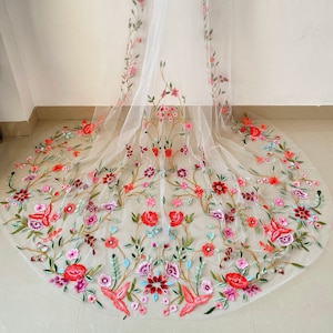 Enchanting Blooms: Hand-Embroidered Floral Bridal Veil in a Symphony of Colors