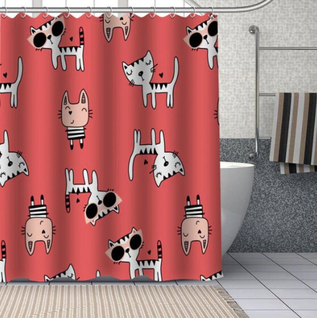 Cute Cat Shower Curtain Print, Gag Gift, Birthday Present, Dorm Room