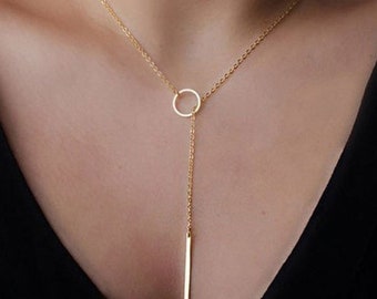 Sterling Silver Y Necklace • Minimalist Circle Bar Pendant