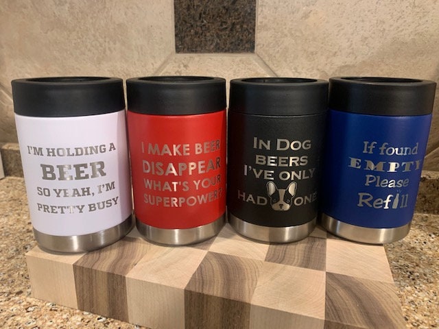 4 in 1 Personalized Stainless Steel Can Cooler, Double Wall Insulated,  Custom Bottle Holder, Engraved Cooler, Drink Can Holder. 